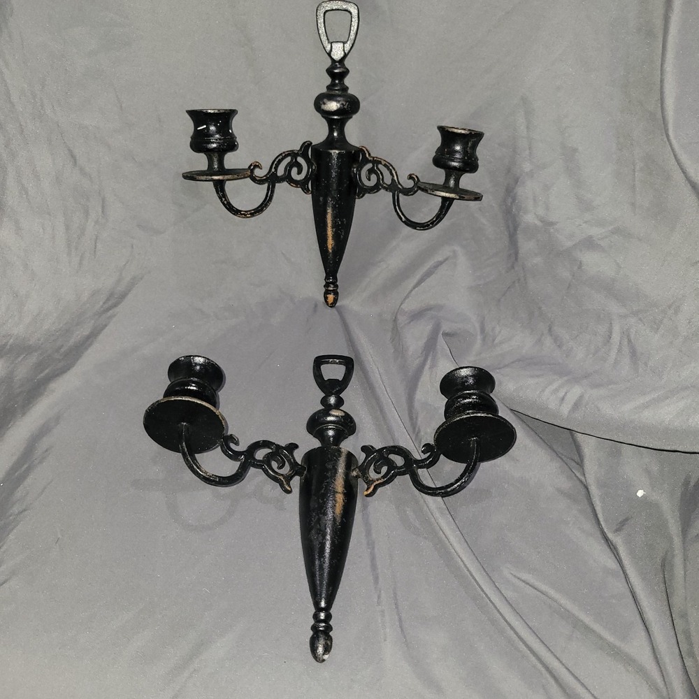 Antique Wilton Prod. Black Wrought Iron Wall Sconce Double Arm Candle Holders